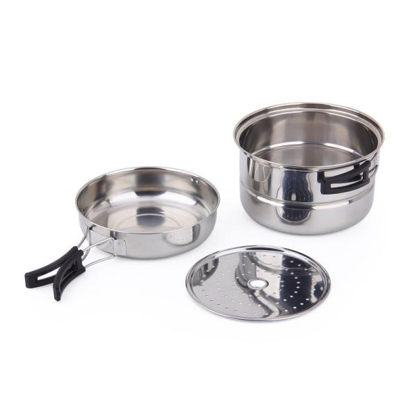 Convenient Silver Stainless Steel Camping Cookware Set for Outdoor Cooking and Picnic