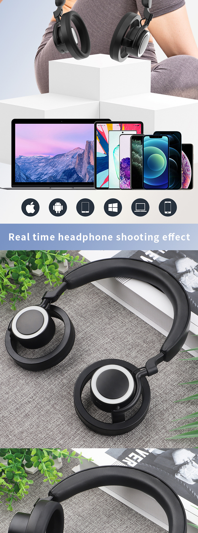 GR800 Open‑Top Open Ear Headphones, Directed Music Transmission Wireless Bluetooth Headset, 360° Surround Sound, Long Battery Life Over‑Ear Open Ear Stereo Headphones for Sports & Daily Use