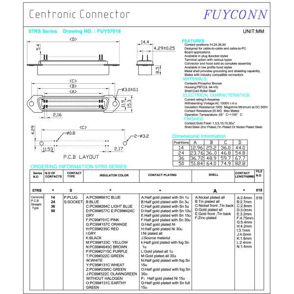Разъем Pin Centronics 50 штепсельной розетки, разъем PCB прямого угла женский