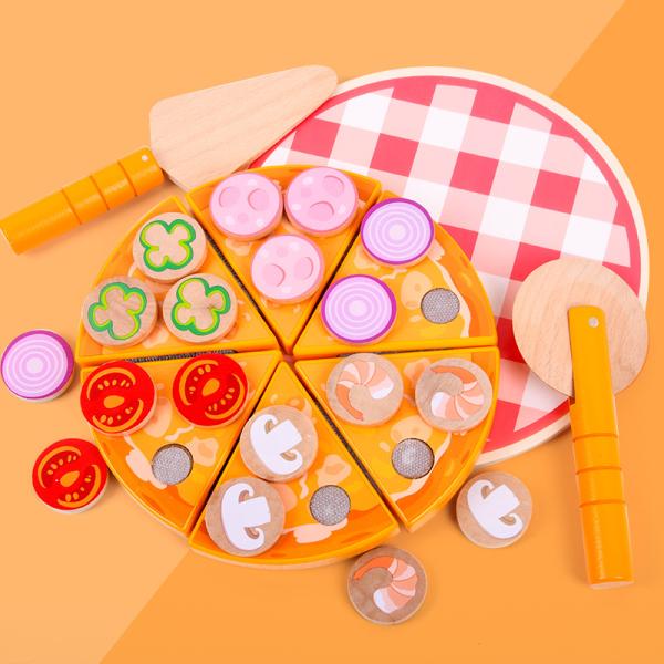 Food Cooking Simulation Wooden Pizza Toy Fruit Vegetable With Tableware