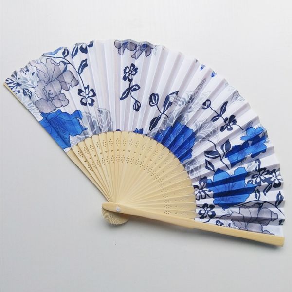 Custom Personalized 21cm Japanese Satin Fabric Bamboo Gold Flower Hand Folding Fan for Promotion Gift
