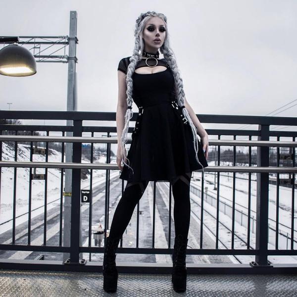 European and American modern punk style dark black sexy mesh stitching perspective hollow dress