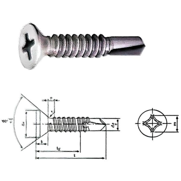 Countersunk Phillips Head Self Drilling Screw (CSK) Made of AISI 1018-1022 Available in sizes #10 / #12 Integrated self-drilling point