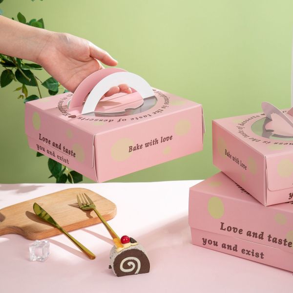 Pink Cheesecake Boxes 6 8 Inch Clear Window Dessert Packaging Heart Pattern Design Theme All in One Mousse Basque Cake Carrier