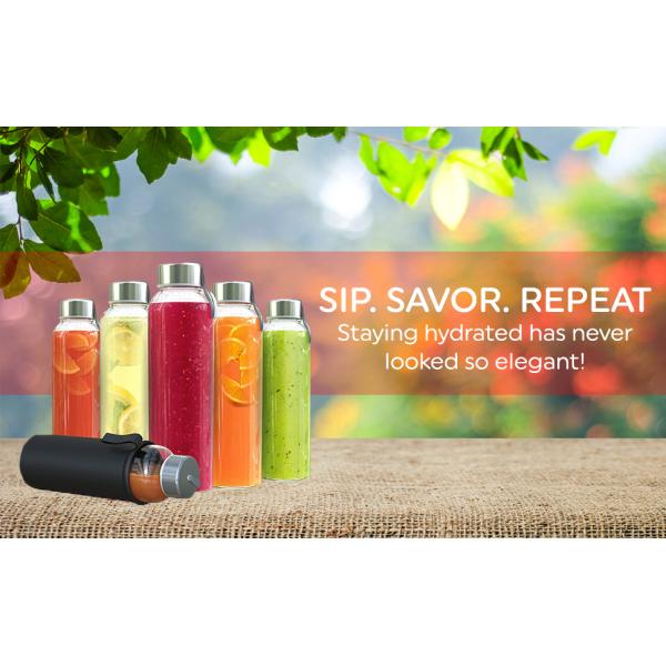 Clear Glass Water Bottles, Reusable Glass Juicing Bottles Protection Sleeve and Stainless Steel Leak Proof Lids