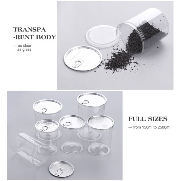 Multi Sizing 180ml To 2500ml Plastic Pop Top Cans For Food With Easy Open Lids Pet Jar, Ring Pull Top Can