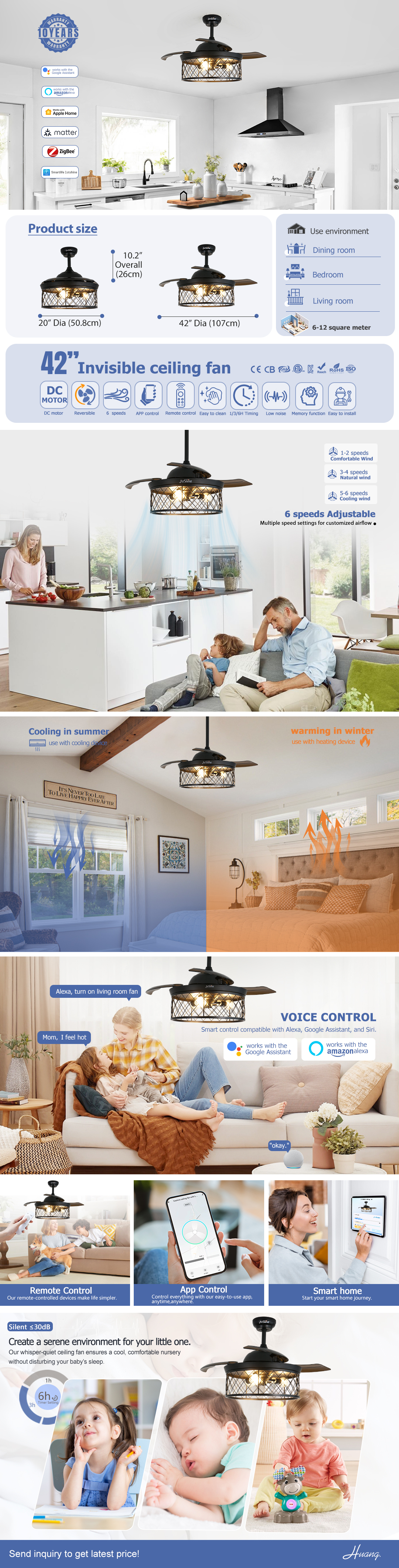 ceiling fan 42 дюйма спальня фермы невидимый потолочный вентилятор с огнями и пультами дистанционного управления