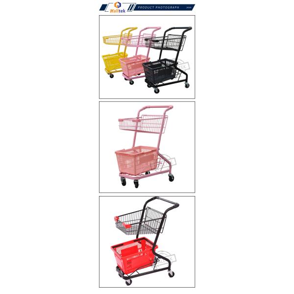 Two Baskets Metal Supermarket Shopping Trolley For Retail Grocery Store
