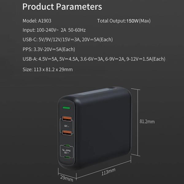 150W PD GaN USB C Charger QC 4.0 3.0 Dual Type C 100W PPS Charging Adapter