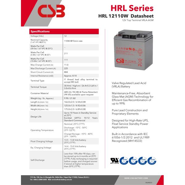 CSB HRL12110W 12V 110W High Rate Long Life Battery Rechargeable Lead-Acid Battery