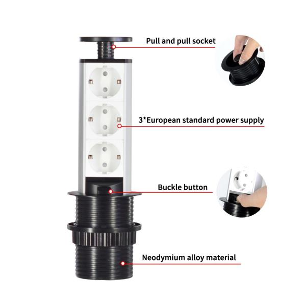 Modern Smart Kitchen Pull Out EU Power Kitchen Socket Hidden Tabletop with 3 EU Power Output Ports 16A Rated Current IP44