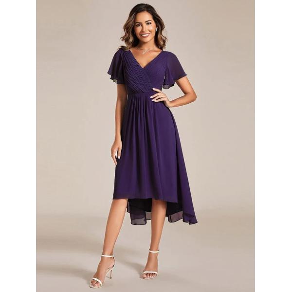 Chic V-neck High-low Short Flutter Sleeves A-line Ruffles Midi Invisible Zipper Dark Purple Chiffon  Cocktail Dress