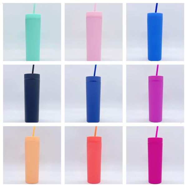 Skinny Double Insulated Plastic Water Bottle Rubber Paint 16oz Plastic Water Bottle Straight Sippy Cup With Splash Proof Lids Easy To Clean