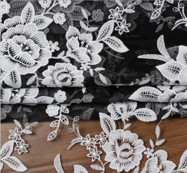 Mesh Embroidery   Fabric  Fashion  Lace for Bridal Dress Black Ivory Double Color
