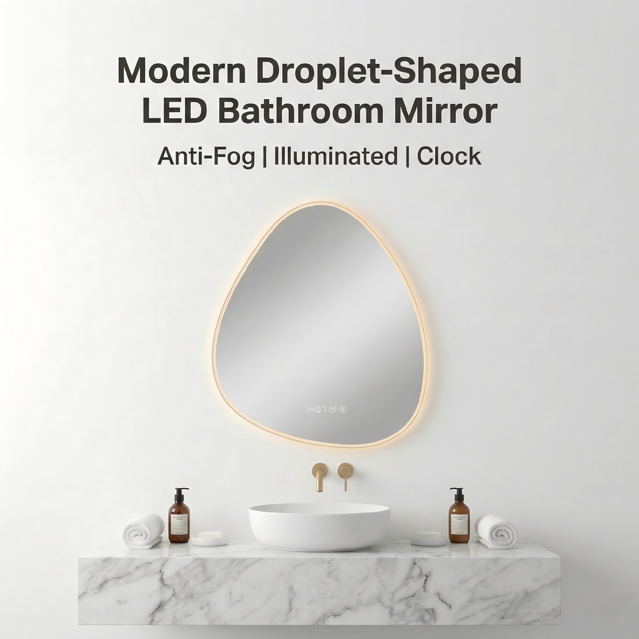 Kingstin Frameless LED Bathroom Mirror, Droplet Shape, Anti-Fog, Dimmable 3-Color Light, Smart Time Display, Wall Mounted