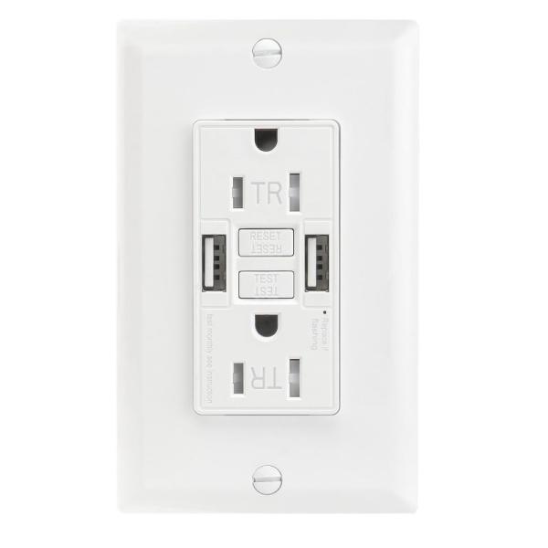 Auto Monitoring Secure GFCI Sockets 15A GFCI USB Outlets Customized With 2 USB