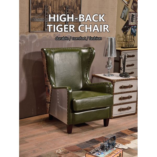 Nidea #8881 Traditional Design Handmade Genuine Leather Upholstered High Back Wing Chair with Wooden Frame for Bedroom Coffee Shop Hotel