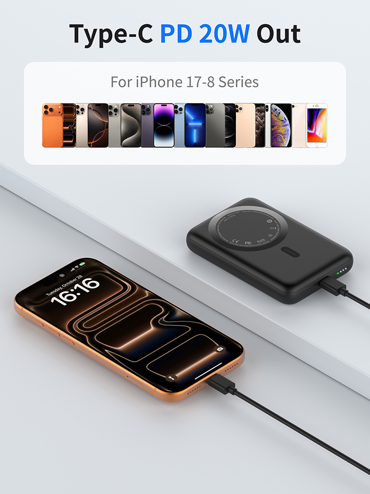 Compact Design 10000mAh Magnetic Wireless Power Bank, Type-C PD Input & Output, 5W/7.5W/10W/15W Fast Wireless Charging Portable Charger