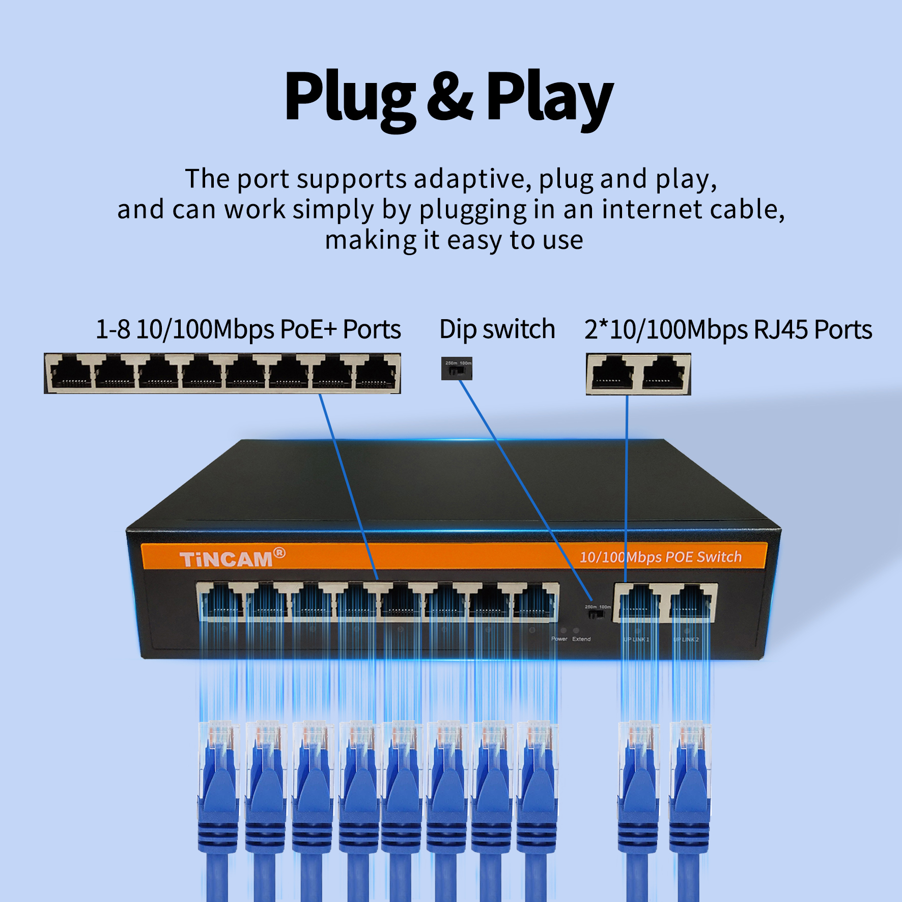 8-Port 10/100Mbps PoE Switch with 2 Uplink Ports 250m Extend VLAN IEEE 802.3af/at 96W Built-in Power Supply Unmanaged Metal Network Switch TNC-EPS4310N9
