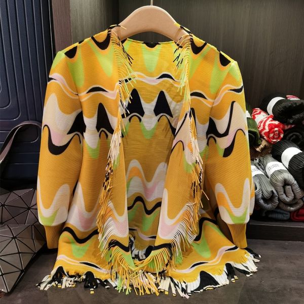 Women's Versatile Spring New Style Pleated Jacket Design Inspired Tassel Printed Casual Outerwear with Polyester Lining