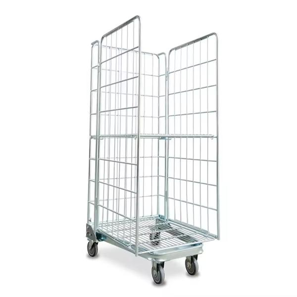 Warehouse Foldable Wire Mesh Cage , Steel Nestable Roll Cage Trolley Container