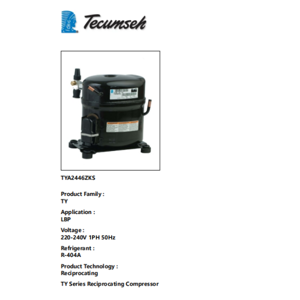 220-240V 1PH 50Hz Refrigeration Compressor TYA2446ZKS with 525.3 cc Oil Charge and Hermetic Piston Design
