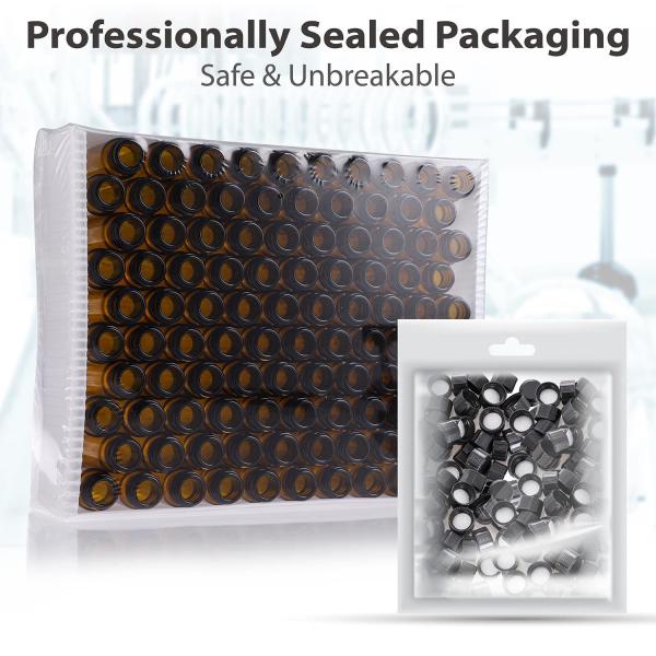 Pack of 100 Glass Vials with Black Phenolic Screw Caps (4ml, Clear) Dram Amber Glass Vials