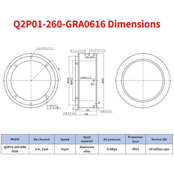 2 in 2 out Gas Slip Ring with 260mm Inner Diameter and Low Speed 5 RPM for Heavy-Duty Applications