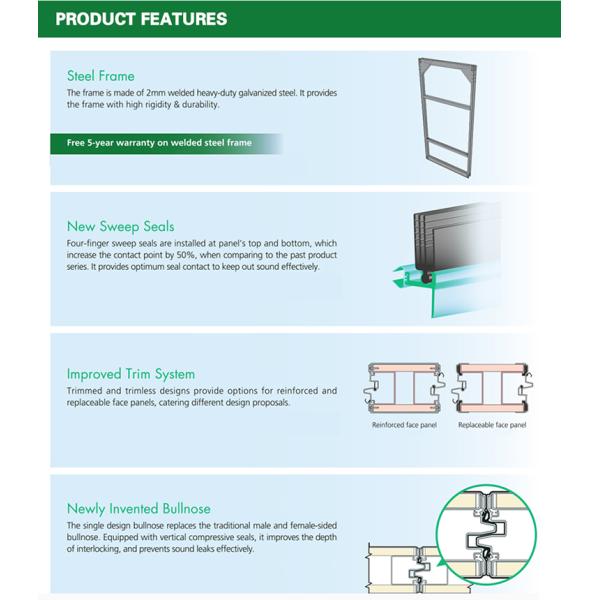 Ширина 700 мм Коммерческие акустические раздвижные перегородки для звукоизоляции отелей