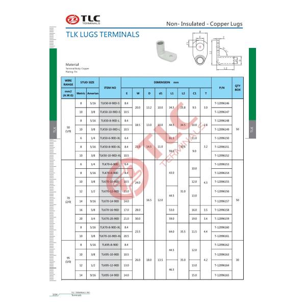 High Current Rating Copper Crimped Mechanical Cable Lugs 50-185mm2 Tube Lug