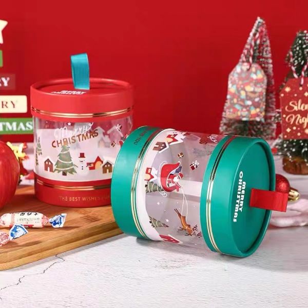 Christmas Cylinder Paper Tube Packaging with Window for Nuts & Kernels in Cardboard Box
