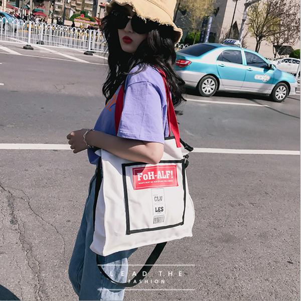 New Korean fashion personality school style contrast color canvas bag women's portable shoulder bag simple fashion bag