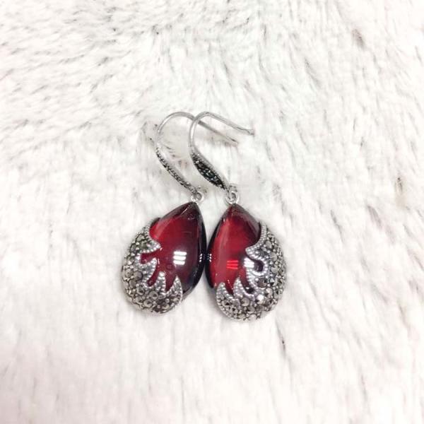 Vintage Sterling Silver Created Garnet with Marcasite Dangle Drop Earrings(E12033RED)