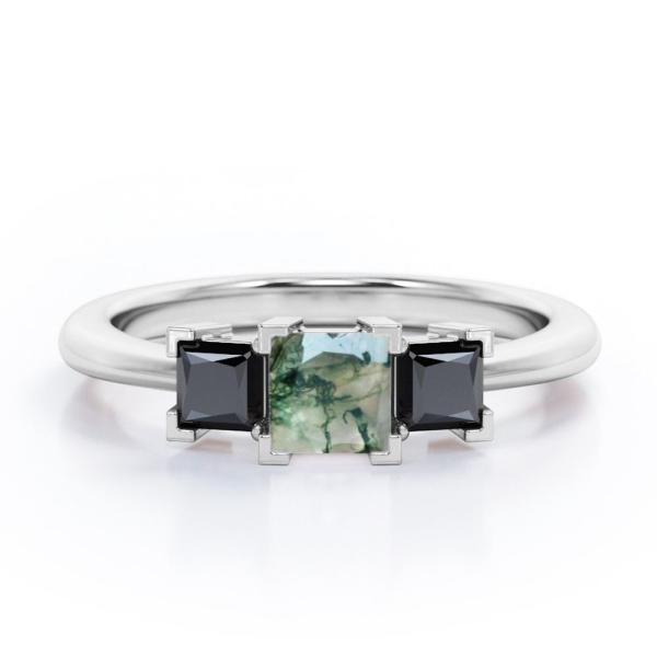 Minimalist Square V-Prong - 0.45 TCW Princess Cut Moss Green Agate with Lab Created Three-Stone Engagement