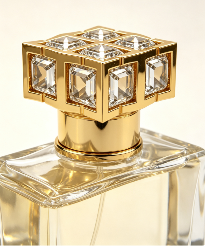 Luxury Fan Shaped Zamac Perfume Cap with Inlaid Red Crystal Gold Plated Fragrance Bottle Lid