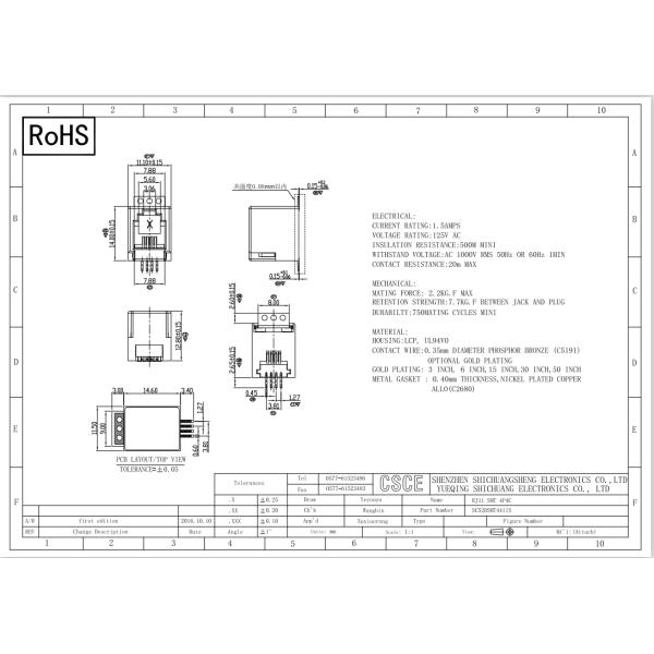 180 Degree Tab Up Female RJ11 Modular Jack Without Shield  Housing 4p4c