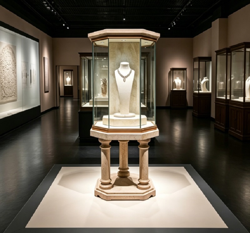 Premium Ultra-Clear Tempered Glass Jewelry Display Cabinet with Natural Marble Base and Built-in High-CRI LED Lighting