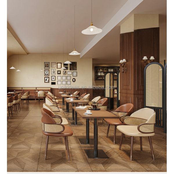 Hot Sale Custom Cafe Restaurant Furniture Table and Chair Set  Solid Wood Rattan Commercial Factory Direct
