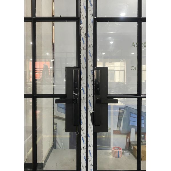 French-Style Black Aluminum-Clad Wood Double Swing Doors with Smart Biometric Lock for Outdoor Balconies