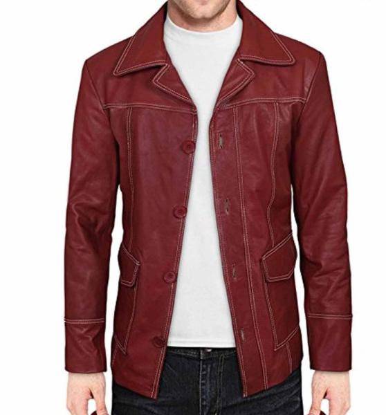 Spring Season Fight Club Leather Jacket , Slim Fit Bomber Jacket Button Front