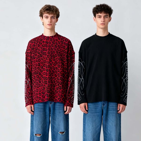 Custom Classic Waffle Weave Crewneck Graphic Tee Top Screen Printed Heavy Cotton Boxy Leopard T Shirt Long Sleeve for Men