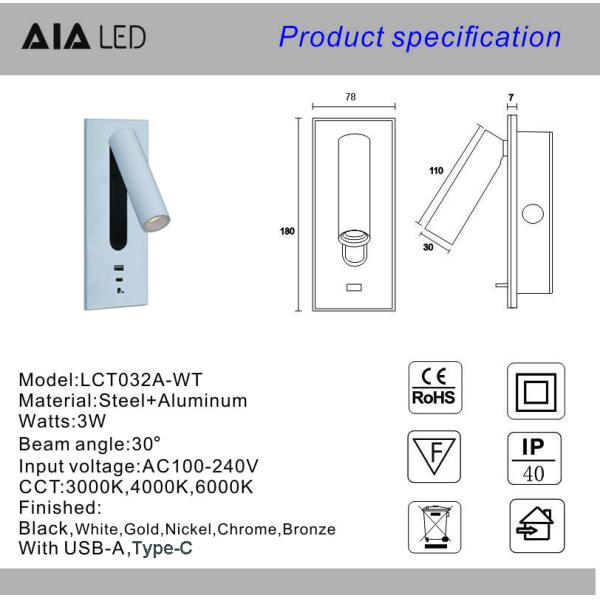 USB type-C 3W bedside reading wall light headboard wall lights hotel villa bed wall lamps rotate lamp