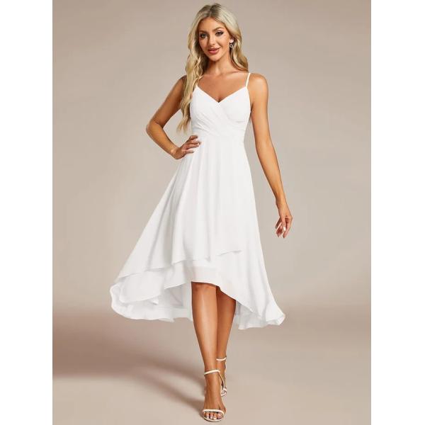 Plus Size Elegant V-neck Spaghetti Strap High-low Chiffon Wedding Guest Dress White Graduation Dresses