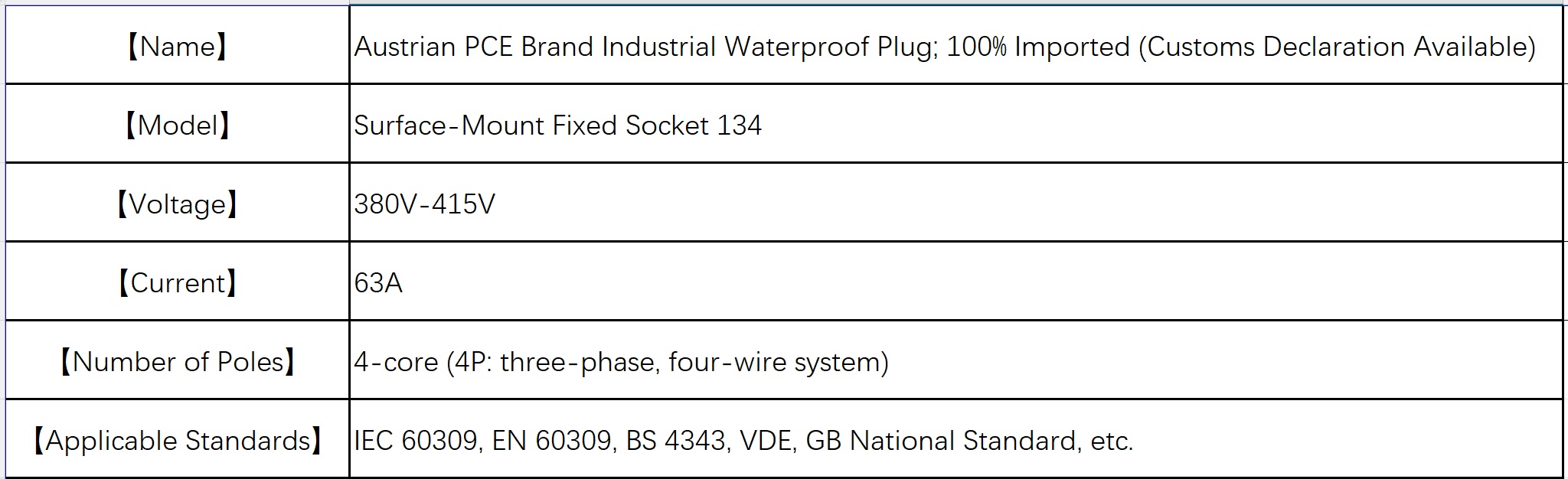 PCE Shore Power Industrial Waterproof Explosion-Proof Three-Phase Fixed Installation Plastic Socket 380V-63A-4 Pin-IP67-Typ134 1