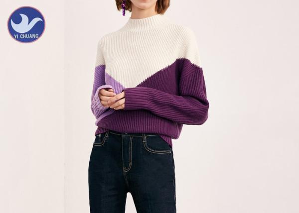 Mock Neck Half Cardigan Knitted Womens Knit Pullover Sweater Contrast Color