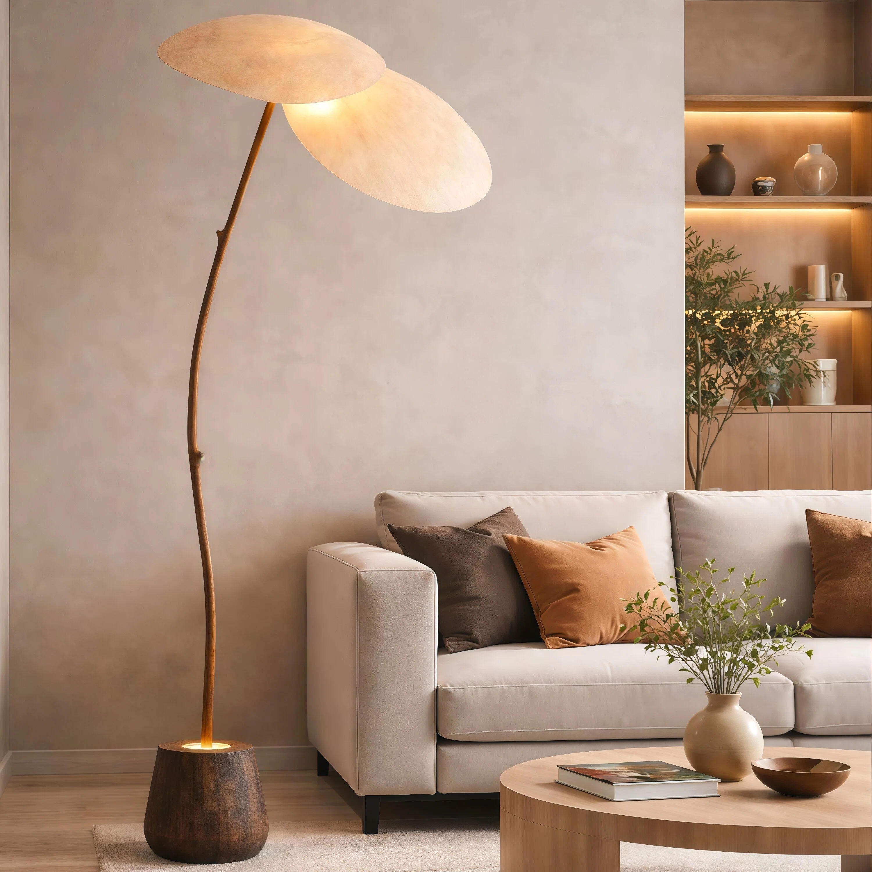 JYLIGHTING Wabi‑Sabi Curved Wood Fabric Shade Floor Lamp, Dual‑Shade Standing Ambient Light for Sofa Side, Villa and Upscale Residential Projects