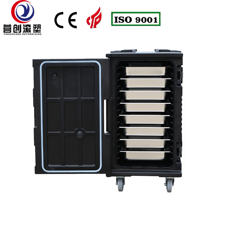 YINGCHUANG ROTOMOLDING OEM 120L Black Rotomolded Insulated Box With Large Casters, Thick PU Foam Hot & Cold GN Pan Food Transport Cabinet For Central Kitchen Catering Canteen