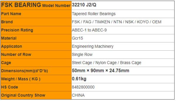 Auto Bearing Taper Roller Bearing 32210 J2/Q Apply To Digital Controlled Drill