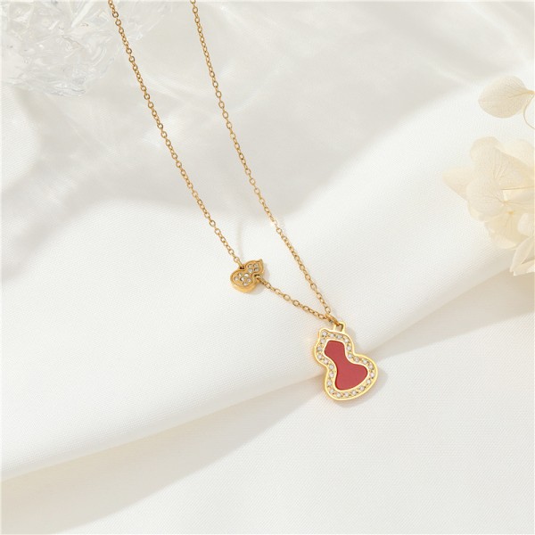 18K Vacuum Electroplated Stainless Steel Women's Necklace Micropaved Zircon Double Gourd Necklace Stainless Steel Jewelry