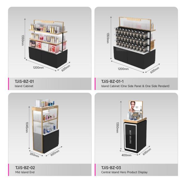 Cosmetic Display Rack Island Cabinet with One Side Board And One Side Pendant for Makeup Store Decoration